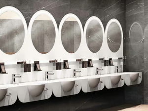 TOVEL - Monoblock Solid Surface Public washbasin with mirror _ GES Group